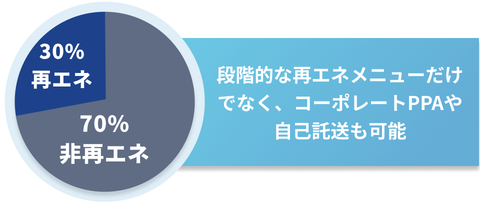 30%再エネ + 70%非再エネ 段階的な再エネメニューだけでなく、コーポレートPPAや自己託送も可能